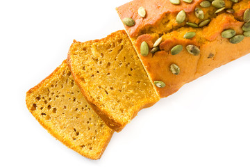 Homemade pumpkin bread isolated on white background
