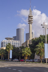 Naklejka premium City Center Modern Buildings view from King Saul Avenue .Sunny September Day in Tel Aviv.Israel
