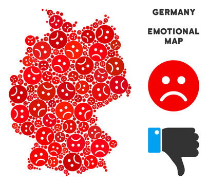 Sorrow Germany map composition of sad emojis in red colors. Negative mood vector concept of depression regions. Germany map is formed of red sad emotion symbols. Abstract area scheme.