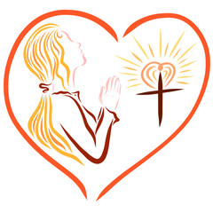 A praying young lady and a shining Christian cross, framed in the shape of a heart