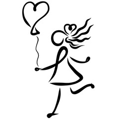 Running cheerful girl with a balloon in the shape of a heart