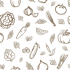 Fototapeta premium Sketch of cute mix vegetables seamless pattern background vector format in hand drawing cartoon style
