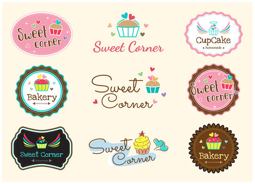 Set of cute sweet bakery badge label and logo