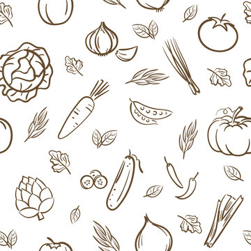 Sketch of cute mix vegetables seamless pattern background vector format in hand drawing cartoon style