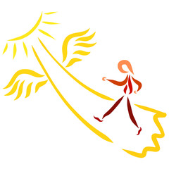 The winged path leading to the sun and the person walking along it