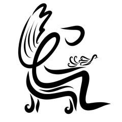 A thoughtful winged man holds a bird in his hands