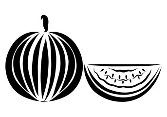 A whole watermelon and a piece of watermelon with seeds