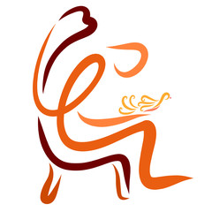 Abstract image of a man sitting on a high chair with a bird in his hands