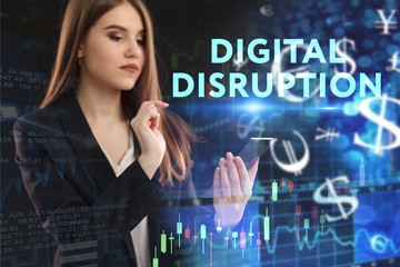 The concept of business, technology, the Internet and the network. A young entrepreneur working on a virtual screen of the future and sees the inscription: digital disruption