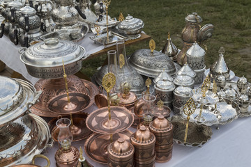 copper kitchenware in the shop.copper materials concept.