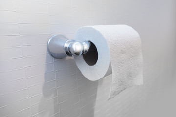 wall white roll of toilet paper in bathroom 