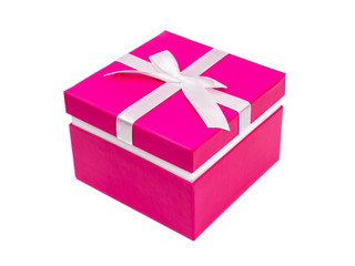 Pink box with a gift and white bow isolated on white