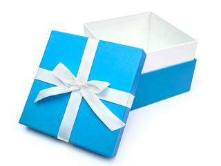 Open blue box with a gift and white bow
