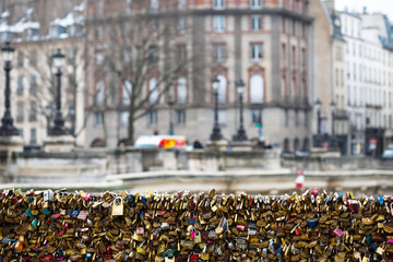 Love padlocks at Pont de l'Archeveche in Paris. The thousands of locks of loving couples symbolize love forever.