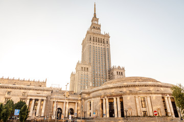 view of the palace of culture and arts at dawn in Warsaw Poland