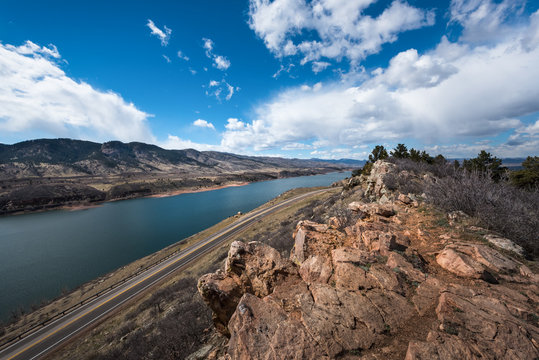 View of Horsetooth Reservoir in Fort Collins, Colorado from the east ridge