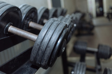 Rows of dumbbells in the gym. gym equipment for strength training