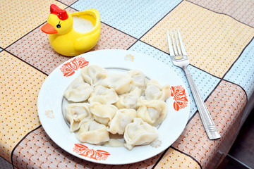 dumplings, lunch, duck, salt shaker, salt, oilcloth, fork, plate, old dishes, squares, table