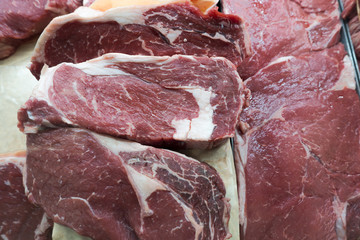 red beef angus stake cuts at the meat market