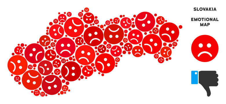 Emotion Slovakia map mosaic of sad emojis in red colors. Negative mood vector concept of depression regions. Slovakia map is formed of red dolor emotion symbols. Abstract geographic scheme.