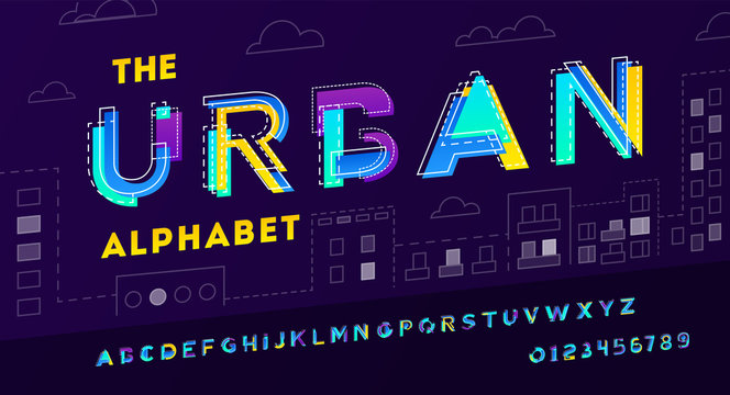 Colorful urban modern font and alphabet made of pieces of paper.