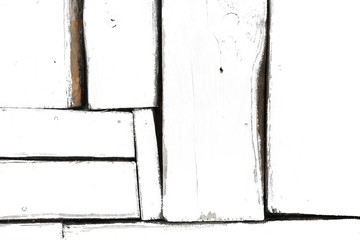 White background of small white plank boards of different sizes in form of patches.