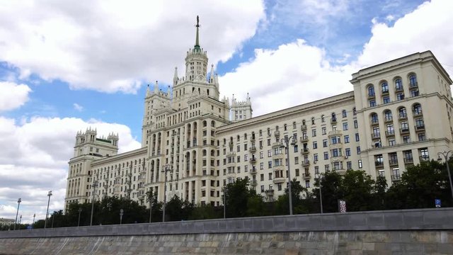 Drone view of soviet USSR Stalinist style skyscraper in Moscow Russia