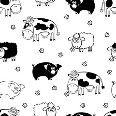 Farm animals. Seamless pattern with cartoon pigs, lambs and cows on a white background. Black and white vector illustration. © maritime_m
