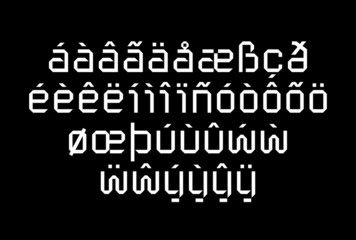 Geometric techno tape font, uppercase latin letters and numerals, electric and futuristic display type that works for game screens and music bands covers, labels and products