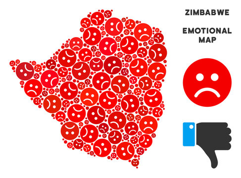Emotion Zimbabwe map composition of sad emojis in red colors. Negative mood vector concept of depression regions. Zimbabwe map is formed of red unhappy emotion symbols. Abstract geographic scheme.