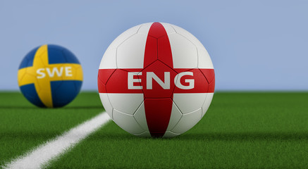 England vs. Sweden Soccer Match - Soccer balls in Sweden and England national colors on a soccer field. Copy space on the right side - 3D Rendering 