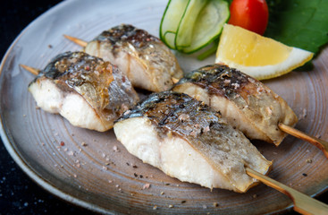 Skewer grilled saba fish with salt.