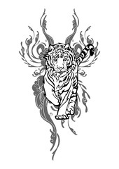 Tiger walking with cloud design for Asian Tattoo vector with white isolated 