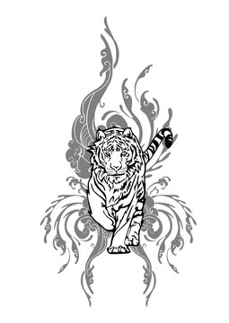 Tiger walking with cloud design for Asian Tattoo vector with white isolated 