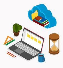 Office or student workplace with laptop used cloud storage.