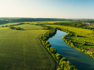 Fototapeta premium Aerial view from hot air balloon or aerostat or drone, summer landscape with forest, green meadows and river in countryside, aero adventure