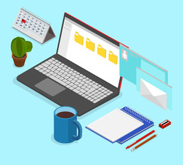 Office workplace with laptop and stationery. Isometric illustration.