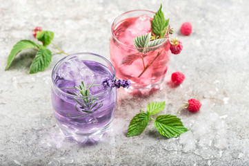 Drink raspberries lavender flowers ice Cold summer lemonade