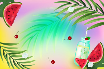 Hello summer. Seamless pattern with watermelons, ice cream, palm branch, ice cubes on colorful years background