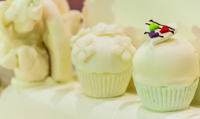 Sweet topping wedding cake decoration./ Sweet beauty flower and topping pastel color on homemade wedding cake decoration.