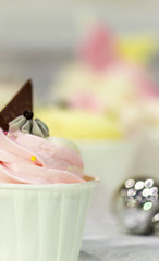 Sweet topping wedding cake decoration./ Sweet beauty flower and topping pastel color on homemade wedding cake decoration.