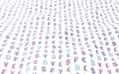 Bitcoin and currency on a white background. Digital Cryptocurrency symbol. Wave effect, currency market fluctuations. Business concept. 3D illustration