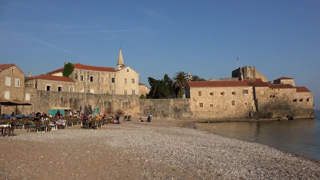 Budva Old Town Beach with the open air cafe. Montenegro