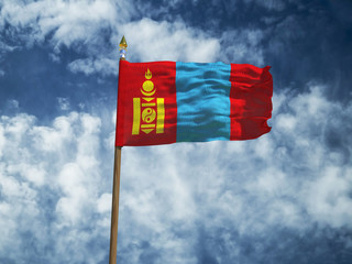 Mongolia flag Silk waving flag of Mongolia made transparent fabric with wooden flagpole gold spear on background sunny blue sky white smoke clouds real retro photo Countries of world 3d illustration