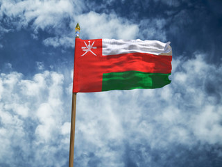 Oman flag Silk waving flag of Oman made transparent fabric with wooden flagpole gold spear on background sunny blue sky white smoke clouds real retro photo Countries of world 3d illustration