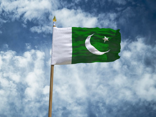 Pakistan flag Silk waving flag of Pakistan made transparent fabric with wooden flagpole gold spear on background sunny blue sky white smoke clouds real retro photo Countries of world 3d illustration