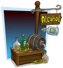 Cartoon alcohol drink vendor booth or shop market wooden stand. Wooden sign with text Alcohol. Vector icon for game.
