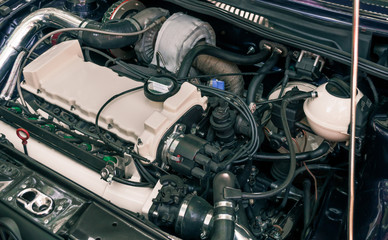 car engine close-up plan, car engine parts, sports car