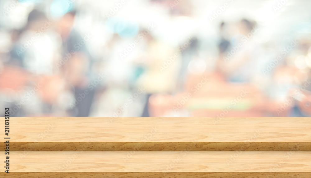 Poster empty step plank wood table top food stand with blur cafe restaurant background bokeh light,mock up 