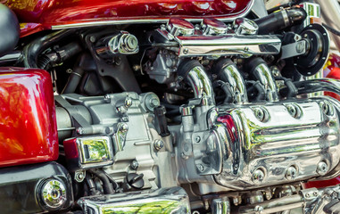 Fototapeta premium chrome parts of motorcycle engine, motorcycle engine
